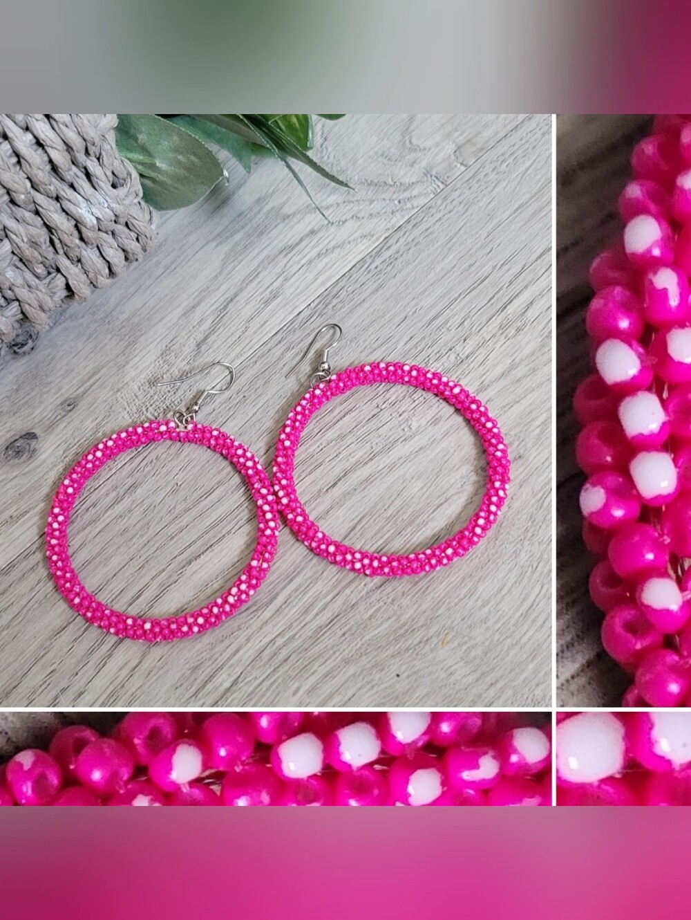 Paparazzi Beauty and the Beach Pink Seed Bead Large Dangle Hoop Earrings, 2 x 2